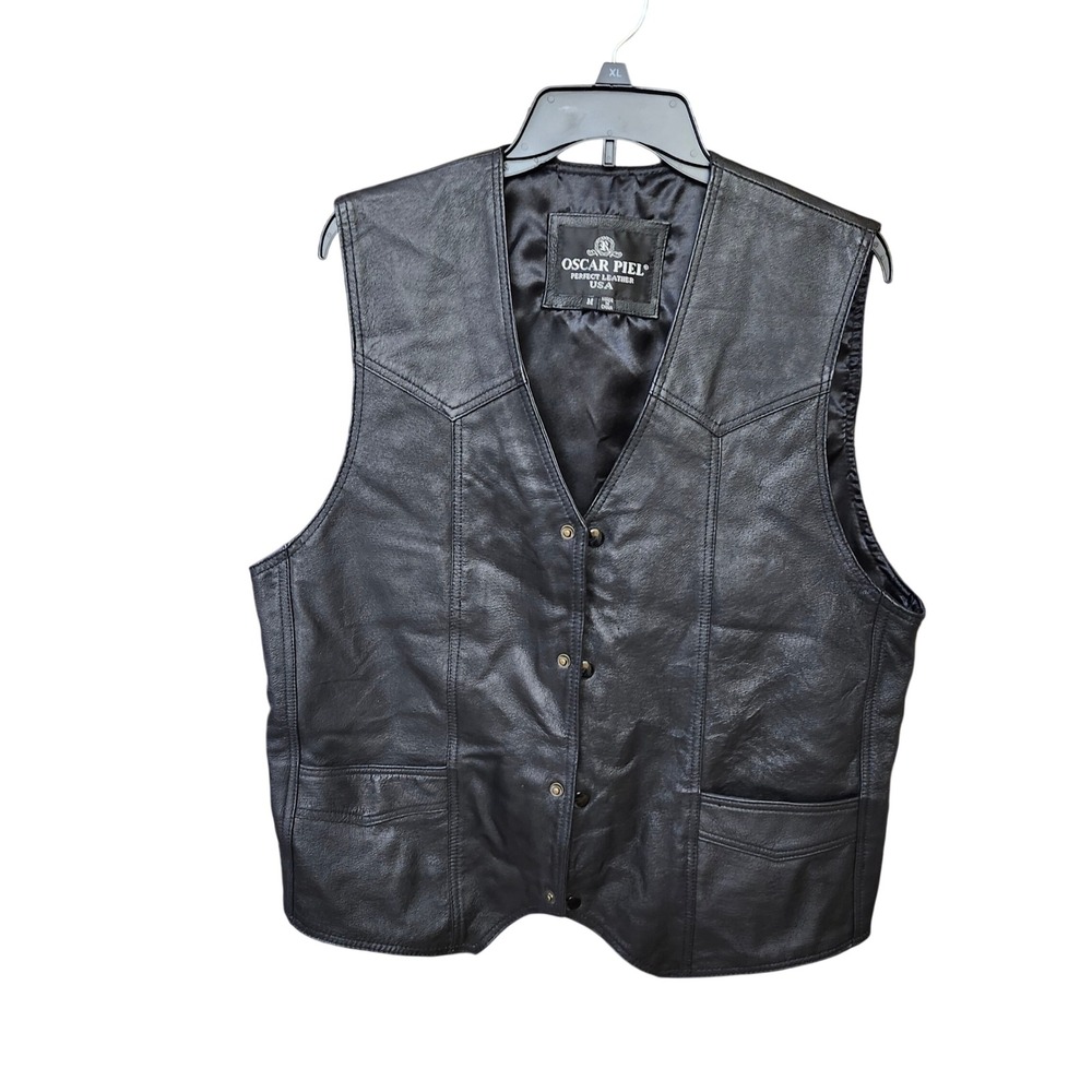 Oscar‎ Piel Mens Black Genuine Leather Biker Vest American Flag Back Size M